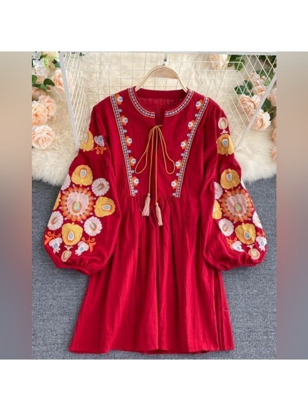 Palenda Boho Fall Embroidered Cotton Puffed Sleeves Tunic Top Blouse Small